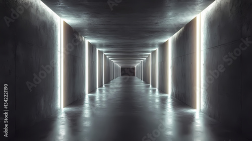 Fototapeta Naklejka Na Ścianę i Meble -  Surreal underground tunnel: dark concrete corridor with glowing white lights - 3d render. Subterranean Tunnels. Illustration