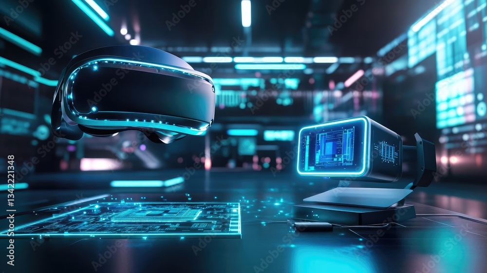 Futuristic Virtual Reality Headset And Digital Interface In A Neon Lit Tech Lab With Circuit Boards Displaying Information During Development. It Is Advanced Technology For Immersive Experiences. An Futuristic Virtual Reality Headset And Digital Interface In A Neon Lit Tech Lab With Circuit Boards Displaying Information During Development. It Is Advanced Technology For Immersive Experiences. An