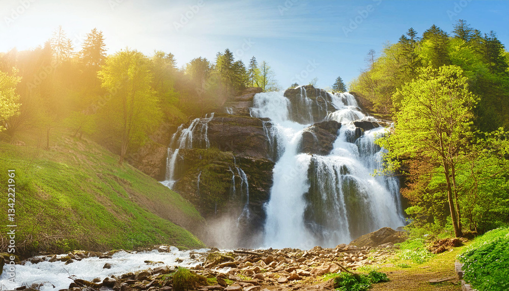 Fototapeta premium Large, majestic waterfall in sunlit mist. AI