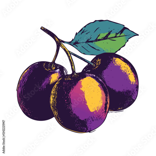 A hand-drawn colorful purple Plum. Trendy abstract minimal style. Natural fresh. Vector illustration isolated on white background, vector illustration