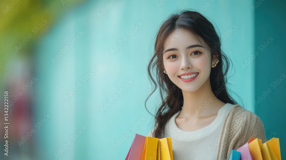 Asian woman carrying shopping bags, smiling with joy, isolated on a pastel blue studio background Asian woman carrying shopping bags, smiling with joy, isolated on a pastel blue studio background