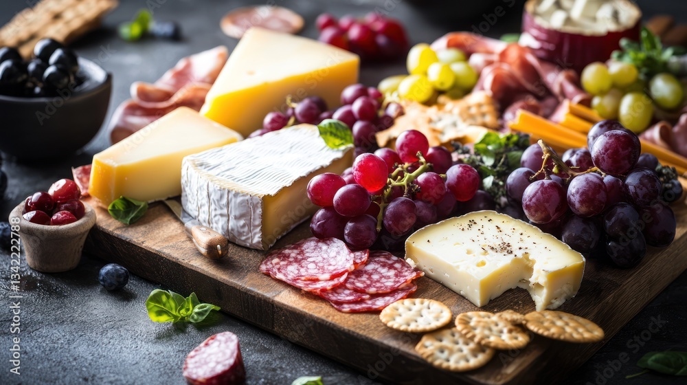 Delicious Charcuterie Board with Assorted Cheeses Cured Meats Grapes and Crackers for Gourme Delicious Charcuterie Board with Assorted Cheeses Cured Meats Grapes and Crackers for Gourme