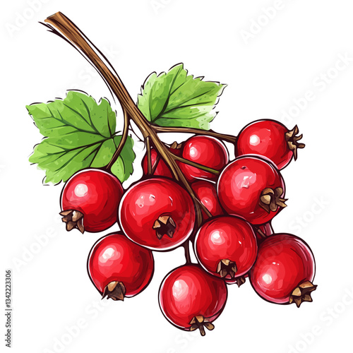 Hand-drawn colorful Redcurrant branch with leaf. Trendy abstract minimal style. Natural fresh. Vector illustration isolated on white background, vector illustration