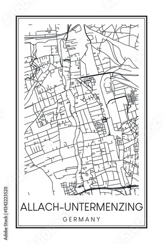 Hand drawn printable downtown road map poster of the German city quarter of MUNICH-ALLACH-UNTERMENZING on solid white background with city name