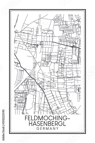 Hand drawn printable downtown road map poster of the German city quarter of MUNICH-FELDMOCHING-HASENBERGL on solid white background with city name