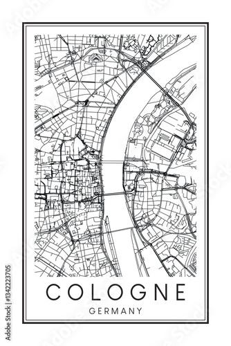 Hand drawn printable downtown road map poster of the German city of COLOGNE on solid white background with city name