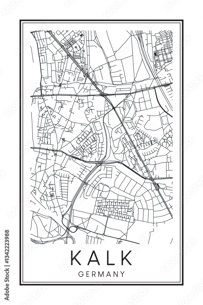 Naklejka premium Hand drawn printable downtown road map poster of the German city quarter of COLOGNE-KALK on solid white background with city name
