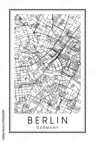 Hand drawn printable downtown road map poster of the German city of BERLIN on solid white background with city name
