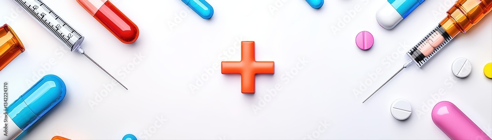 Obraz premium Colorful Medication and Medical Instruments on Bright Background for Pharmacy and Healthcare Concepts