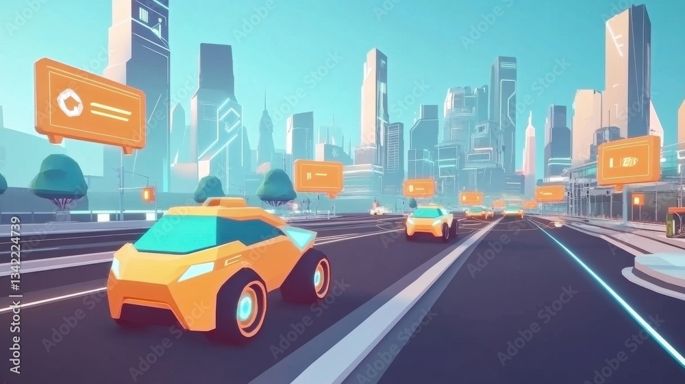Naklejka premium Futuristic Cityscape with Autonomous Vehicles in Vibrant Blue Tones
