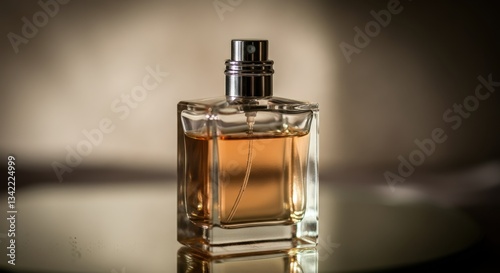 A sleek glass bottle of perfume stands on a mirrored surface