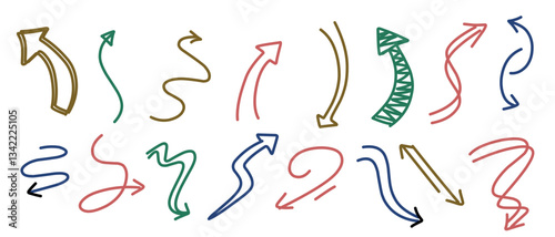 All kinds of arrows in the picture using hands in doodle style
