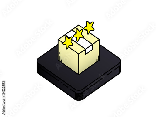 Gift Box on Podium: A vibrant gift box, adorned with three shining stars, rests atop a dark podium, symbolizing rewards, recognition, and special occasions.