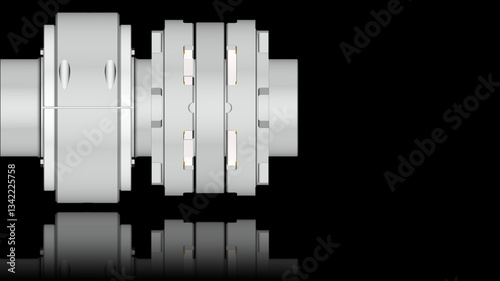 Thrust tilt pad bearing illustration showing a thrust collar, base ring, upper and lower leveling plates, and thrust shoes on a black background