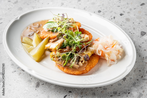 A beautifully plated dish featuring crispy fried fish topped with savory mushroom sauce, garnished with microgreens, and accompanied by pickled vegetables and shrimp on a white oval plate.