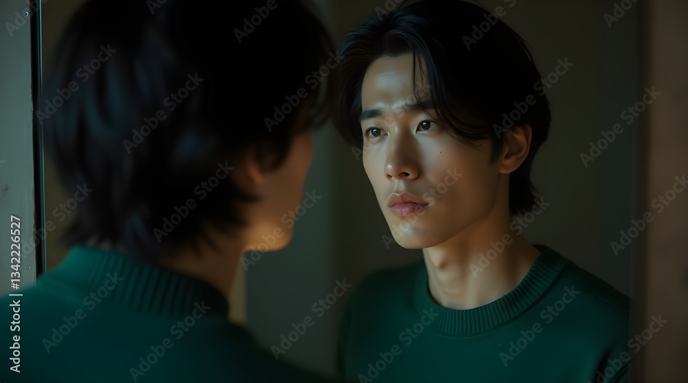 Close-up portrait of a young man gazing at his reflection