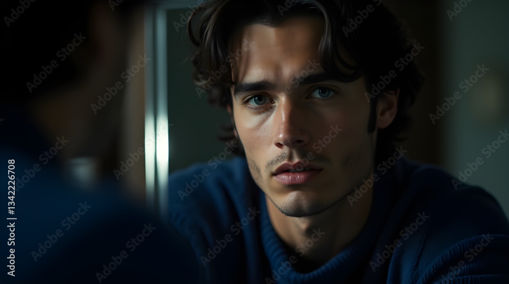 Fototapeta premium Close-up portrait of a young man gazing at his reflection