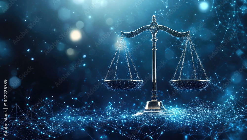 Digital scale of justice, deep blue background, illuminated by glowing light, digitally rendered, abstract bokeh effect, sparkles, justice concept Digital scale of justice, deep blue background, illuminated by glowing light, digitally rendered, abstract bokeh effect, sparkles, justice concept