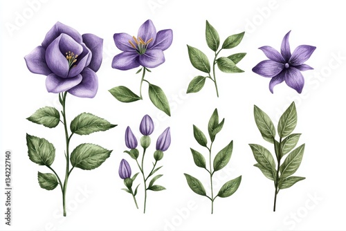Vintage Botanical Watercolor Illustrations of Delicate Purple Flowers and Green Leaves