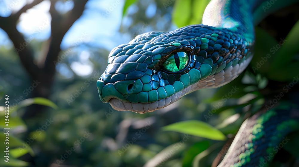 Naklejka premium Green Serpent Coiled Around Ancient Temple Ruins