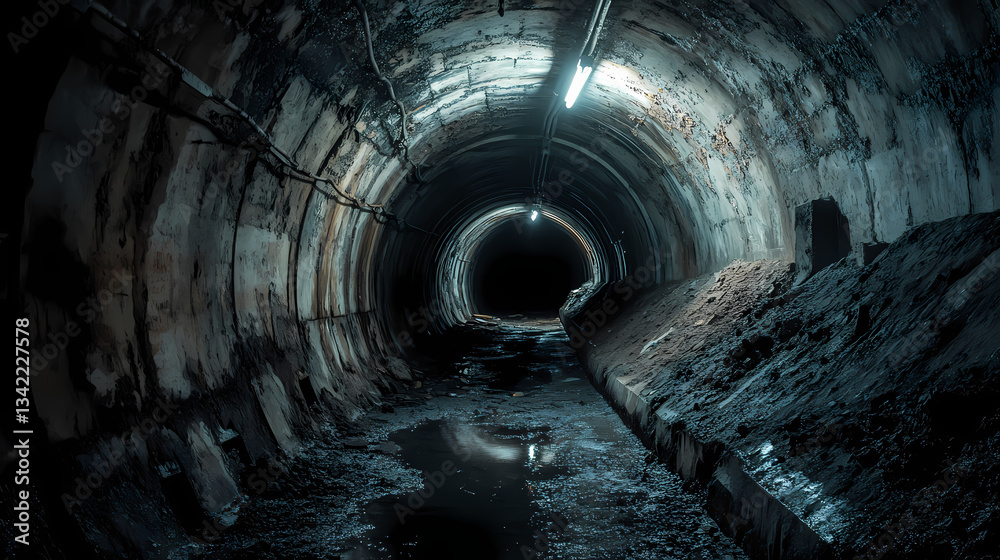 Fototapeta premium Exploring dark underground tunnels abandoned location urban photography eerie environment ground level atmosphere. Subterranean Tunnels. Illustration