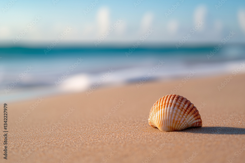 A single seashell resting on sand with a blurred beach background A single seashell resting on sand with a blurred beach background