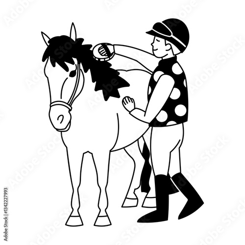 Young jockey in a helmet and polka-dot jacket grooming a pony with a brush in a simple black and white line art style