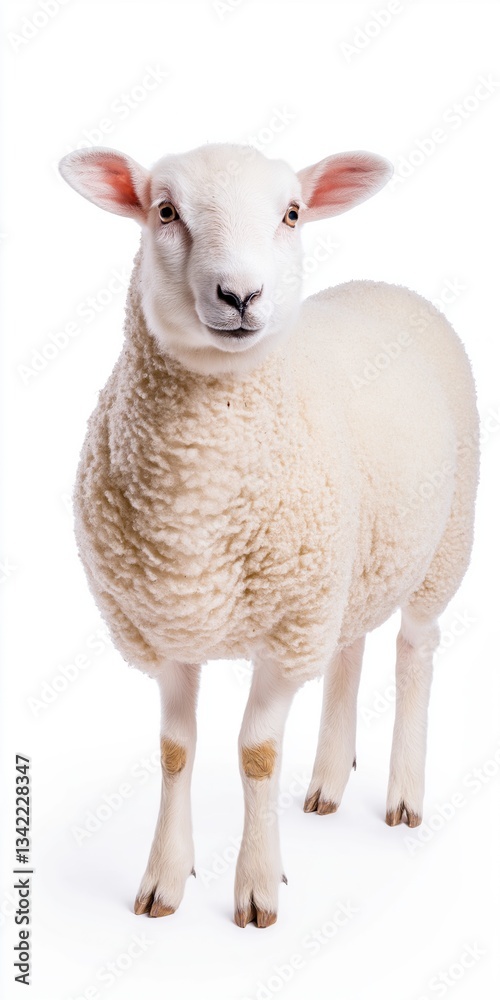 Fototapeta premium A white sheep stands in front of a white background. The sheep is looking at the camera with its head held high. Concept of calm and peacefulness, as the sheep appears to be content