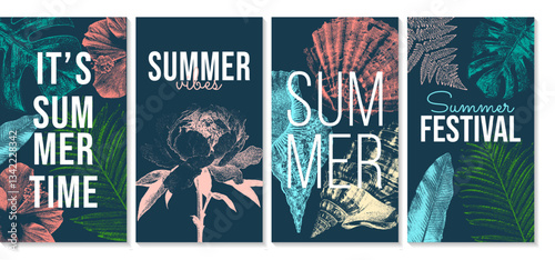 Vintage summer posters set with photocopy effect, navy blue, coral, aqua, green color scheme. Perfect for event promotions, beach party flyers, seasonal branding, travel ads, and retro tropical decor