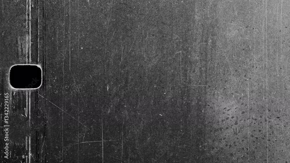 Old scratched film showing rectangular hole on black background