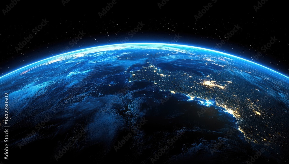 Fototapeta premium Night view of Earth from space, showing city lights and dark oceans. Blue and black tones dominate the image
