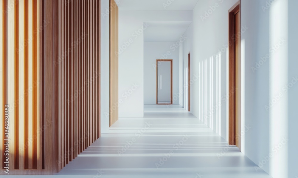 Fototapeta premium Sunlit minimalist hallway with wooden slats and doors.