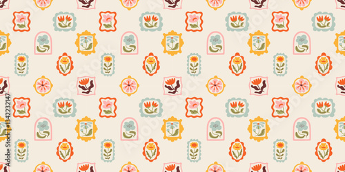 Colorful floral seamless pattern illustration. Vintage style flower frame background design. Geometric natural wallpaper print, spring season nature backdrop texture with flowers.