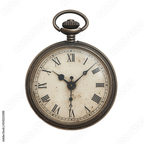 an old, antique pocket watch isolated on a background. The watch face features roman numerals