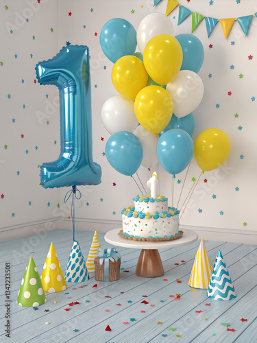 A joyful 3D-rendered celebration scene for a child's first birthday. A large, shiny number 