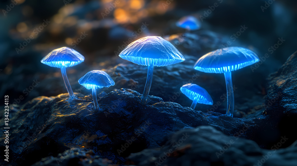 Fototapeta premium Luminous blue mushrooms growing on dark rock. Enigmatic Spores. Illustration