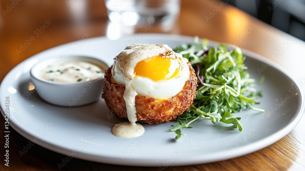 Baked egg in crispy crust, served with greens and sauce