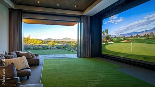 Modern living room with golf simulation and outdoor view of mountains