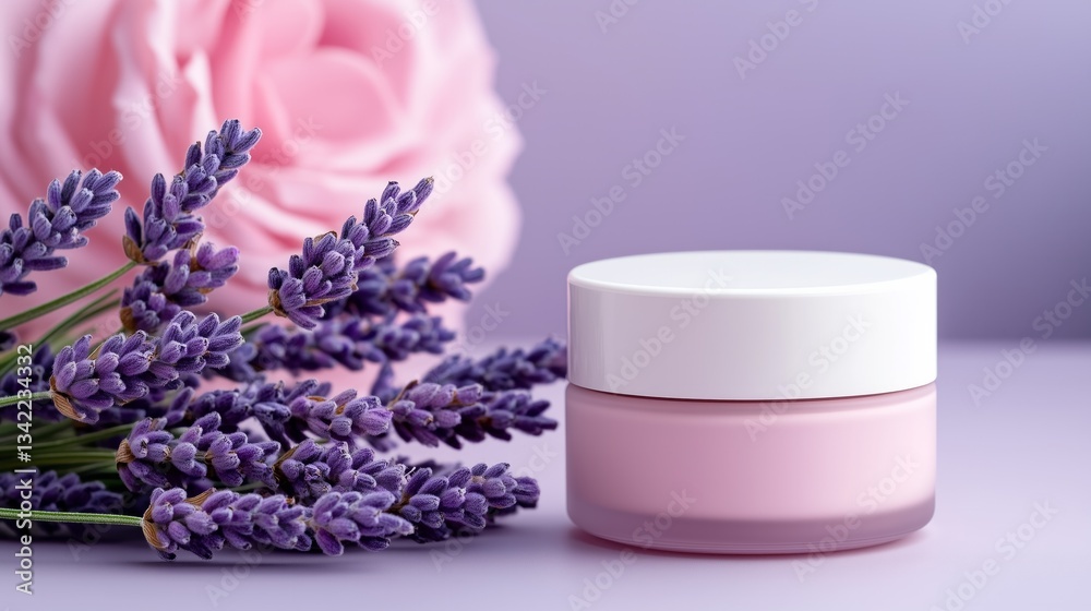Pink cream jar with lavender and rose, exudes calming beauty and elegance, perfect for relaxing skincare rituals.