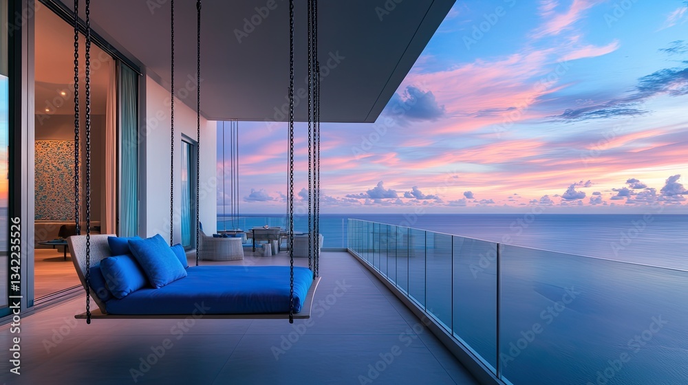 Fototapeta premium A wide open balcony featuring a contemporary swing chair and bold blue cushions