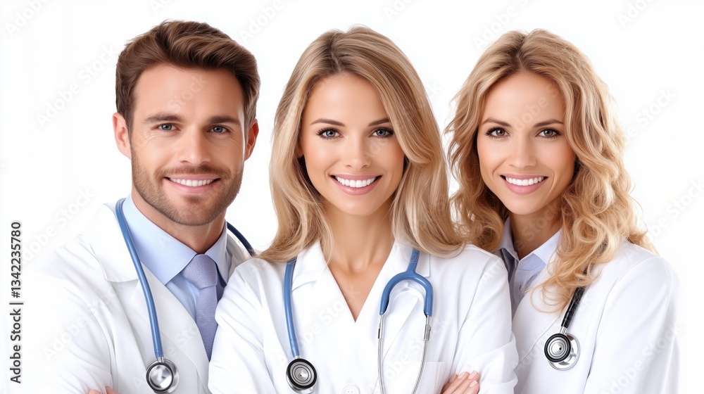 Three doctors smiling confidently in white coats with stethoscopes. Three doctors smiling confidently in white coats with stethoscopes.