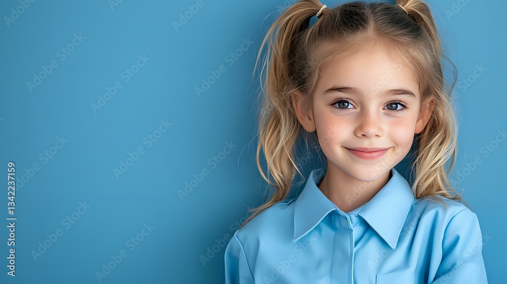 Young girl with blonde pigtails wearing light blue collared shirt smiles warmly against blue background, expressing confidence and joy in casual studio portrait. Young girl with blonde pigtails wearing light blue collared shirt smiles warmly against blue background, expressing confidence and joy in casual studio portrait.