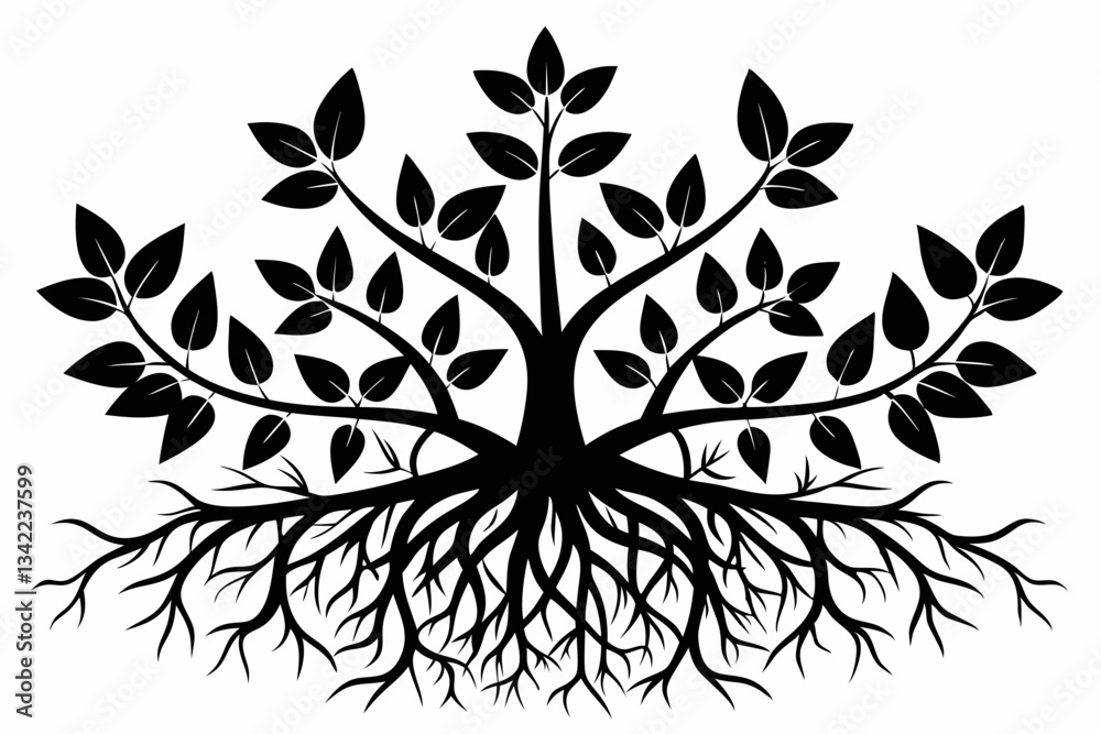 plant roots grow vertically line art silhouette vector illustration