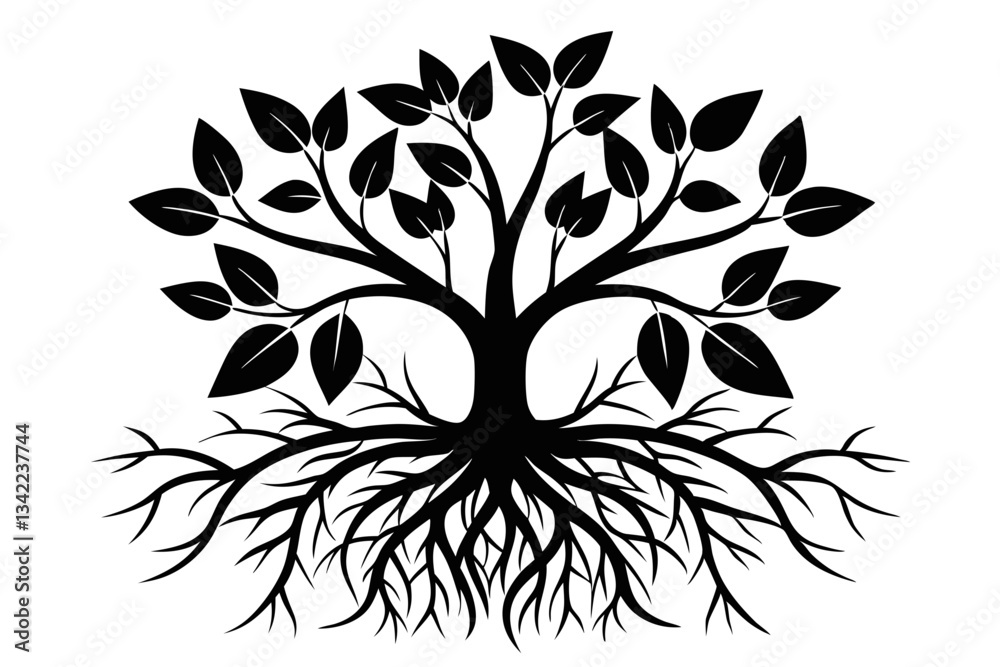 plant roots grow vertically line art silhouette vector illustration
