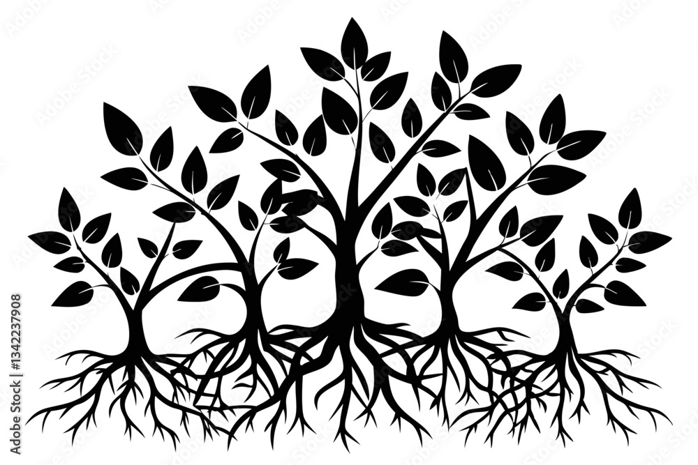 plant roots grow vertically line art silhouette vector illustration