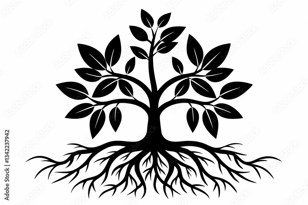 plant roots grow vertically line art silhouette vector illustration