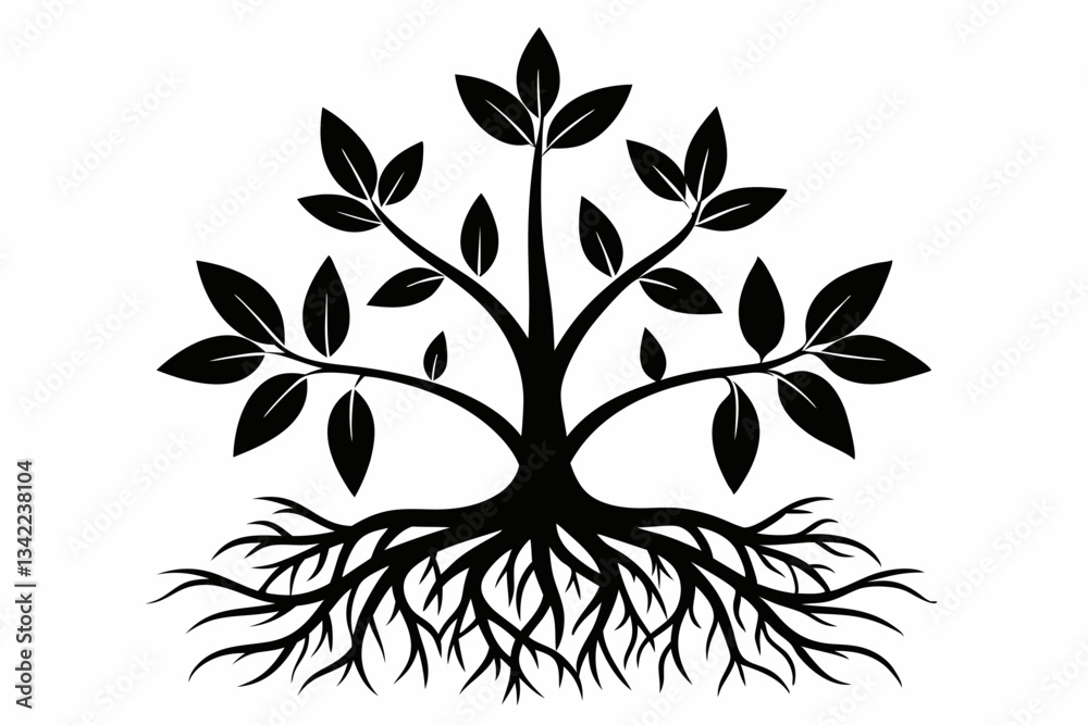 plant roots grow vertically line art silhouette vector illustration