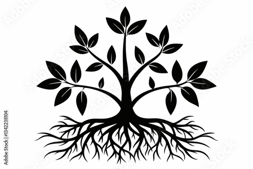 plant roots grow vertically line art silhouette vector illustration