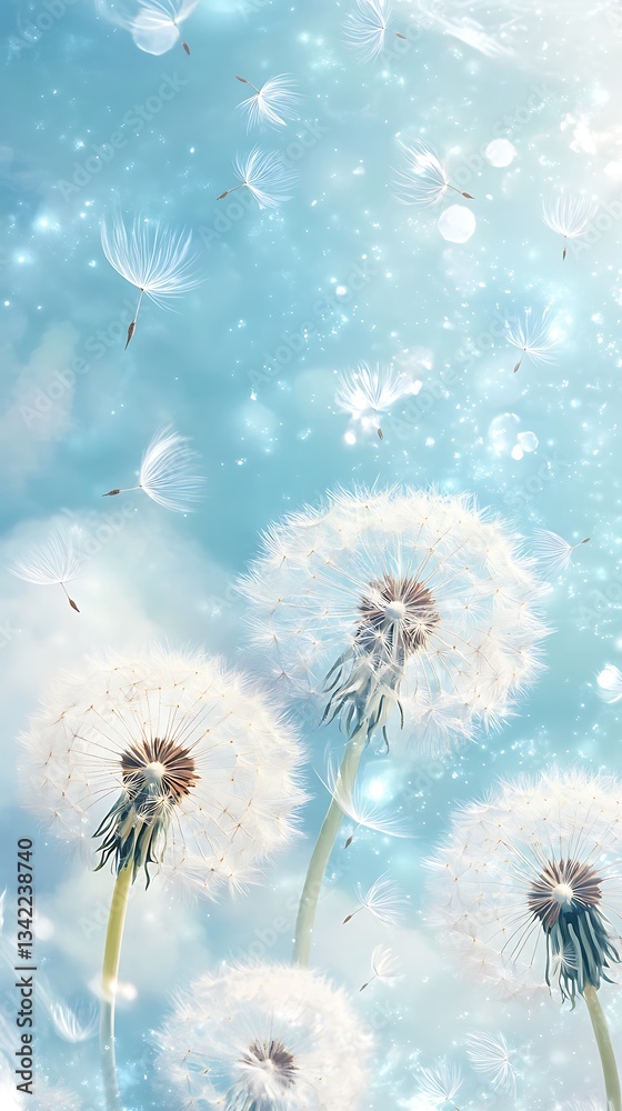 Obraz premium A serene image of dandelions against a soft blue background with floating seeds.