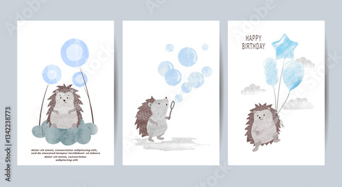 Happy Birthday greeting cards or posters set with cute hedgehog, balloons and...